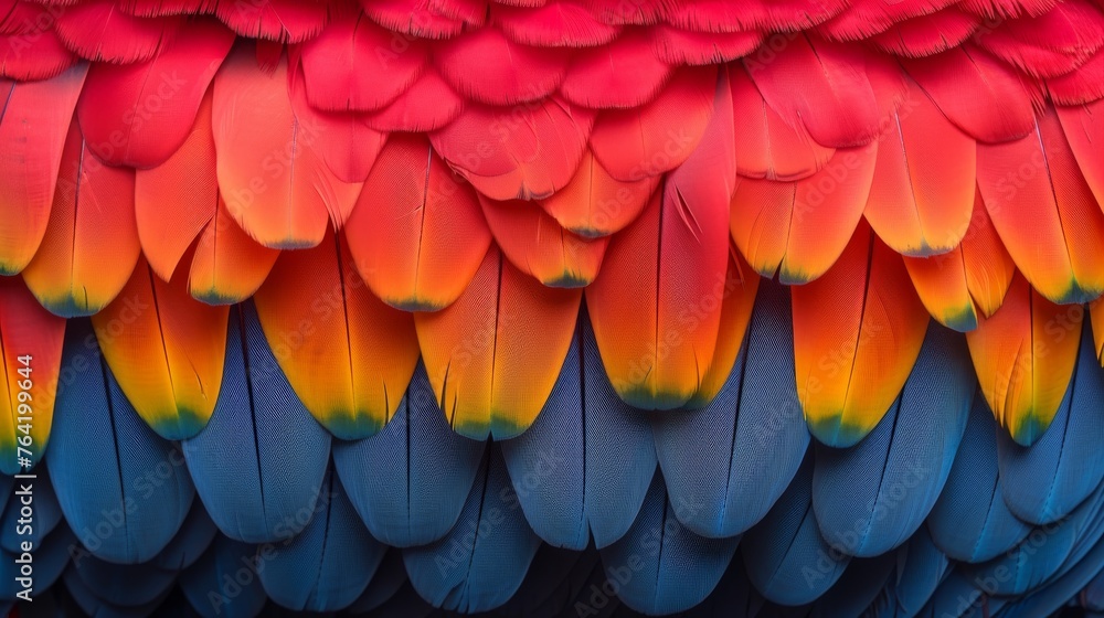 A detailed image of a colorful bird's plumage with shades of red, orange, yellow, and blue A detailed image of a colorful bird's plumage with shades of red, orange, yellow, and blue