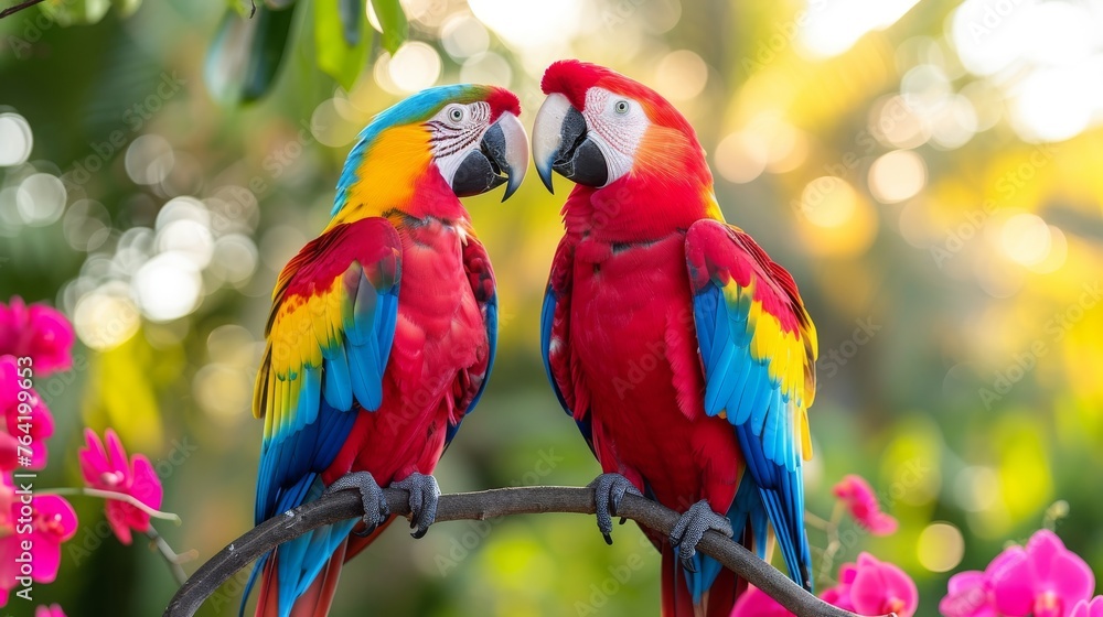  Two parrots, bright colors, branch with pink flowers, blurry tree background