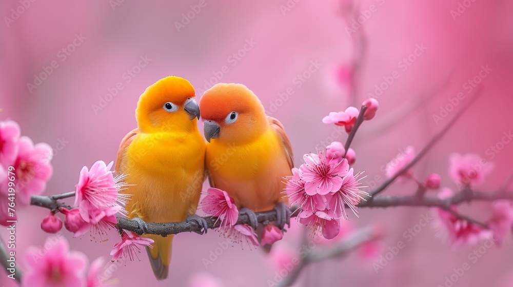 A pair of birds perched atop a tree's pink-flowered branch