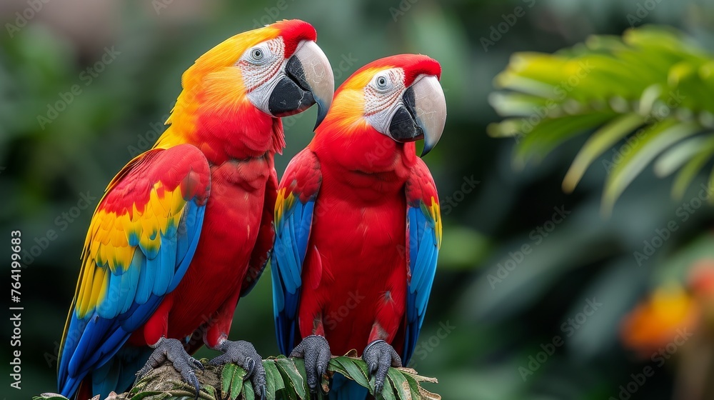  Two colorful parrots perched atop a palm tree amidst lush greenery