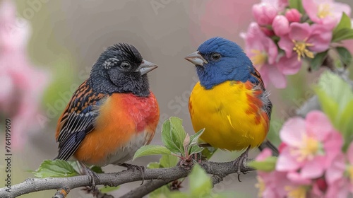  A pair of colorful birds resting on a tree's branch, surrounded by pink flowers in the foreground and a hazy backdrop