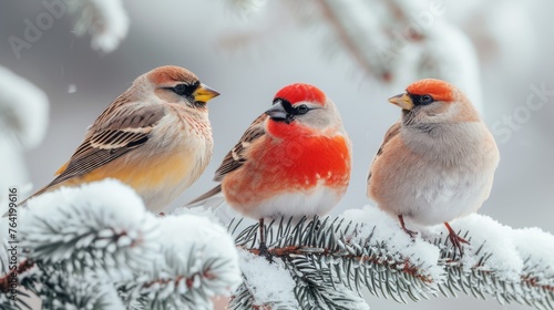  Three birds on a snow-covered pine branch, pine needles in the foreground