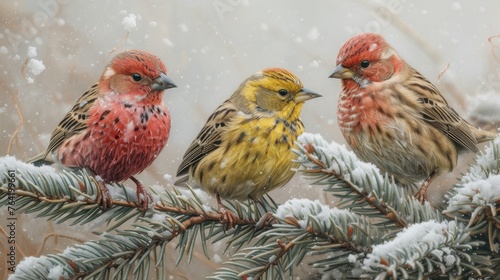  A winter scene of three birds resting on a snowy pine tree branch amidst a peaceful forest The snow continues to fall softly from the heavens above, creating a serene ambiance