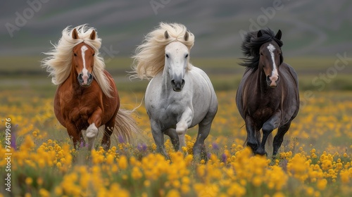  Three horses gallop across a yellow-dotted field against a mountain backdrop © Jevjenijs