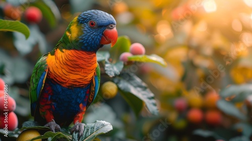  Colorful bird on leafy tree with sunlight, Berries nearby