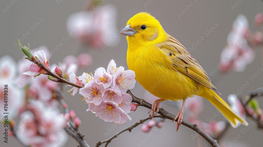  A yellow bird perched on a tree branch, surrounded by pink flowers against a gray backdrop