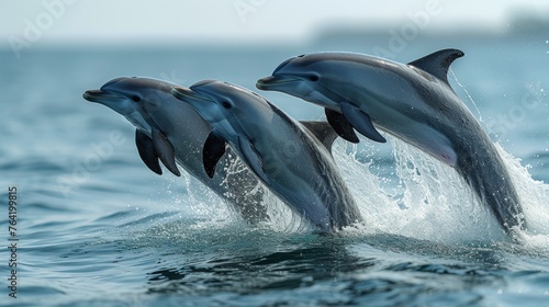  Three dolphins jumping from water into air, a boat behind them © Jevjenijs