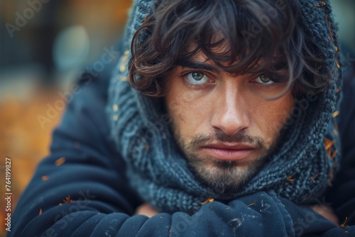 A pensive man with soulful eyes is wrapped warmly in a cozy scarf during a crisp autumn day