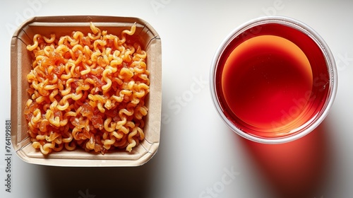  A container of macaroni and cheese, next to a cup of red wine and a glass of red wine