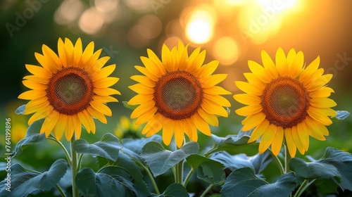  Three golden sunflowers swaying in a serene field with the warm sun beaming down, while their lush green leaves frame the scene