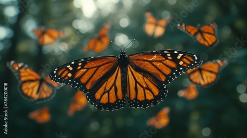  A group of orange butterflies, flying in the air against a background of trees, with sunlight filtering through their wings