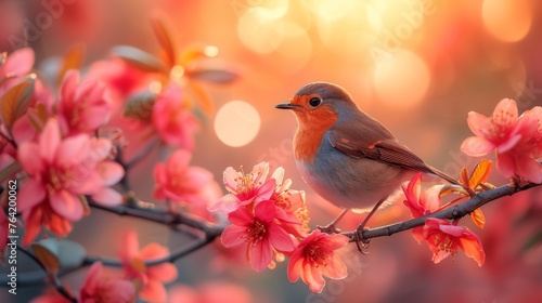  A bird perched on a tree's branch with pink blossoms in the foreground and a hazy backdrop © Jevjenijs