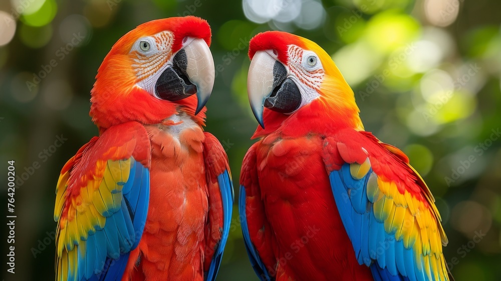 Two vibrant parrots perched together against a verdant backdrop with surrounding foliage and trees in the distance Two vibrant parrots perched together against a verdant backdrop with surrounding foliage and trees in the distance