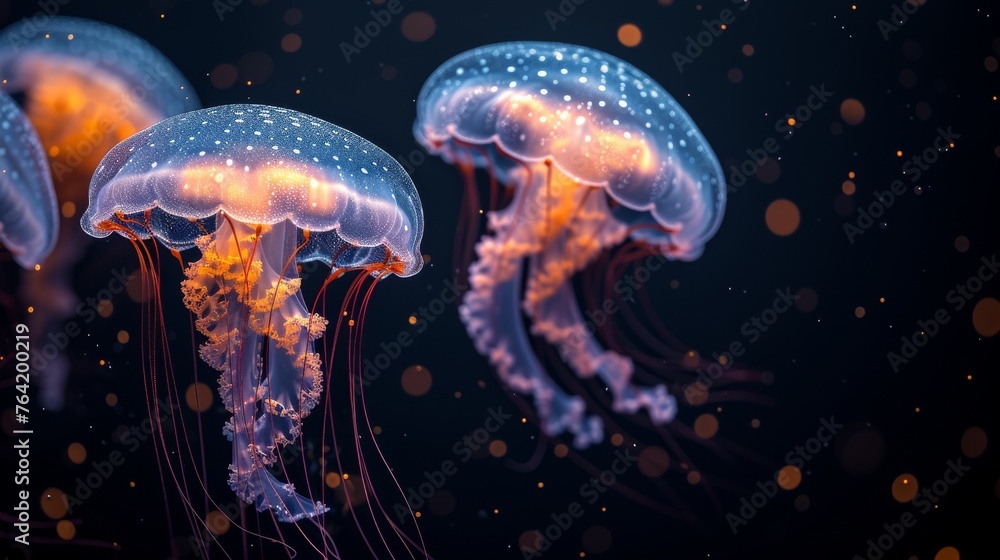A cluster of jellyfish swimming together on a blue and black backdrop, surrounded by tiny air pockets A cluster of jellyfish swimming together on a blue and black backdrop, surrounded by tiny air pockets