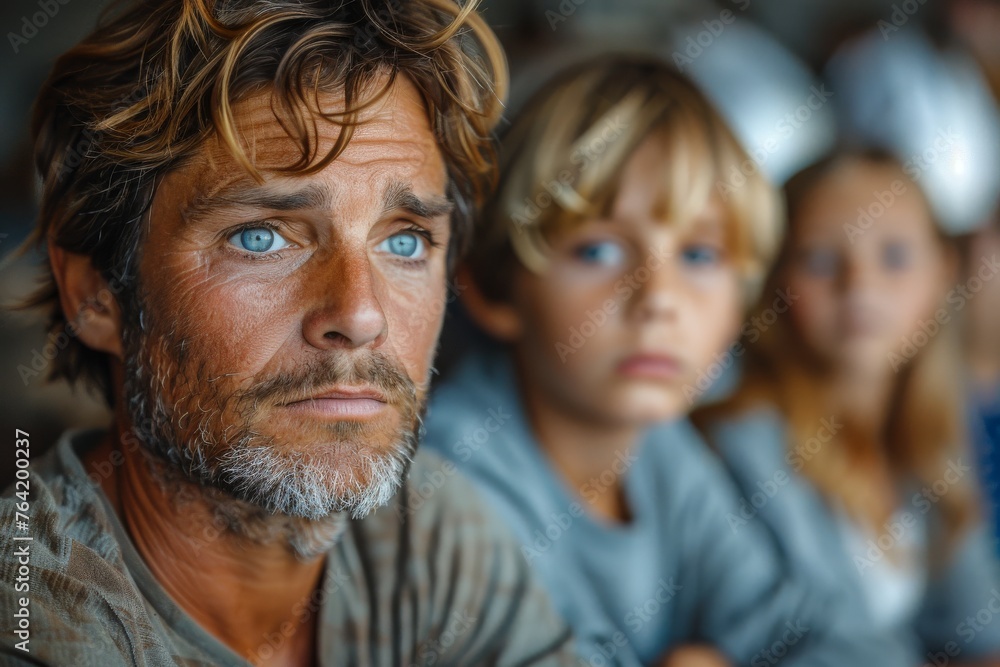 A father alongside his two kids, all displaying worried or contemplative expressions, perhaps witnessing an event A father alongside his two kids, all displaying worried or contemplative expressions, perhaps witnessing an event