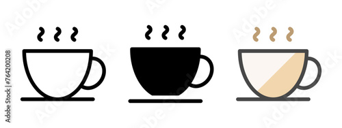 Multipurpose hot coffee vector icon in outline, glyph, filled outline style. Three icon style variants in one pack.