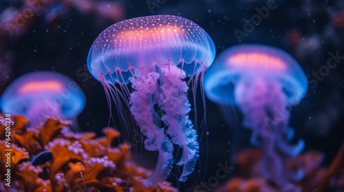  A school of jellyfish gracefully swims through an aquarium, surrounded by vibrant coral reefs and lush underwater algae