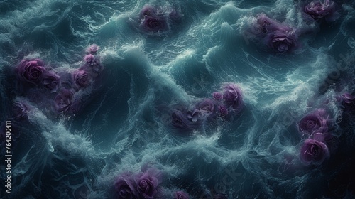 A cluster of purple blossoms bobbing over a pool of water amidst a wave