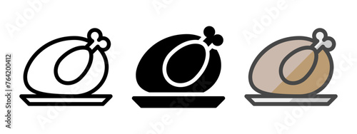 Multipurpose roasted turkey vector icon in outline, glyph, filled outline style. Three icon style variants in one pack.