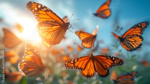  A vivid orange swarm of butterflies soars above an orange blossom meadow, bathed by golden sunlight