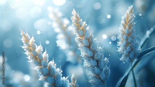  A picture of a snow-covered plant, showing the leaves and stems with snowflakes