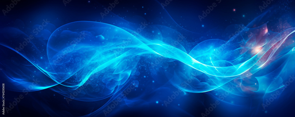 Swirling light patterns in shades of blue on a dark background create a mesmerizing effect. Energy and Dynamics. Blue and blue particles Banner. Copy space