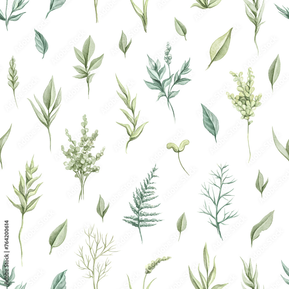 Seamless pattern with vintage various green twigs and leaves vegetation  set isolated on white background. Watercolor hand drawn illustration sketch