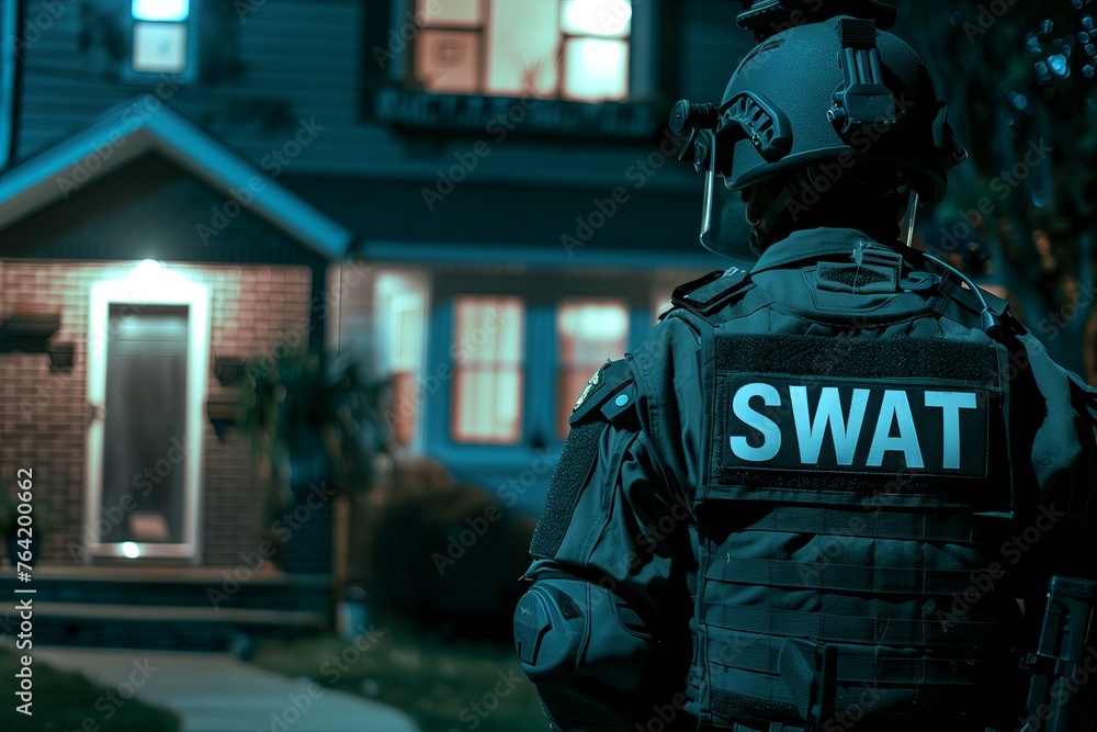Swat team officers standing in front of a house door - obrazy, fototapety, plakaty 