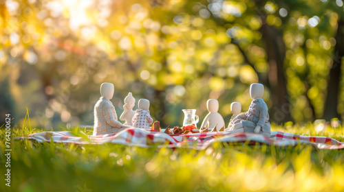 Several figurines are seated upon a blanket, arranged in a group. Each figurine varies in size, color, and design, creating an interesting and diverse display. Banner. Copy space