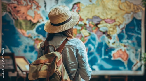 Woman With Backpack and Hat Looking at Map