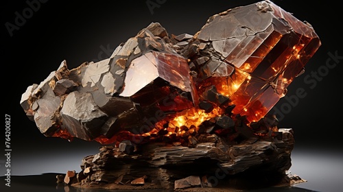 A huge meteorite with a fiery core and cracks on the surface from which light emanates Concept: fukan meteorite, science fiction, space, natural disasters