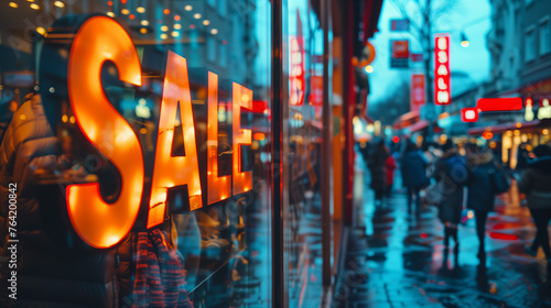 Illustrate the concept of a sale with an image of a Sale sign displayed in a shop window, with bustling activity and people in the street as a backdrop, symbolizing consumerism and commerce. photo