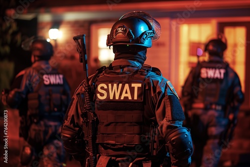 Swat team officers standing in front of a house door photo