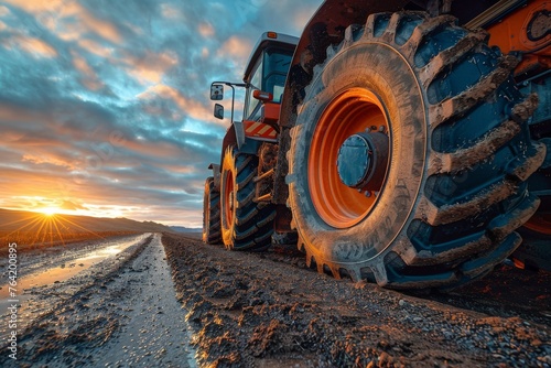 A tractor with massive wheels is captured at sunrise on a muddy road reflecting the dawn sky, emphasizing rugged agriculture