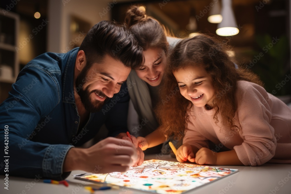 Fototapeta premium A family having fun with a game of Pictionary, sketching clues and guessing the drawings to score points
