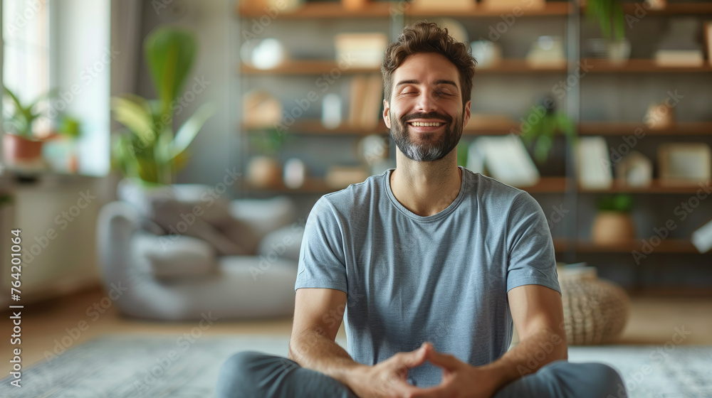 tranquility of relaxation exercises at home with a portrait of a happy man practicing relaxation exercises in his spacious and bright flat, promoting mental well-being and mindfulness. tranquility of relaxation exercises at home with a portrait of a happy man practicing relaxation exercises in his spacious and bright flat, promoting mental well-being and mindfulness.
