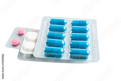 Various medicine capsules, pills and tablets in a blister pack isolated on transparent background, healthcare and medicine concept