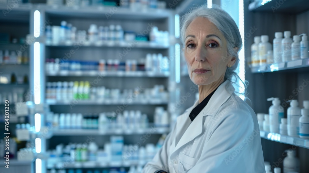 Portrait of mature female pharmacist standing in in modern pharmacy