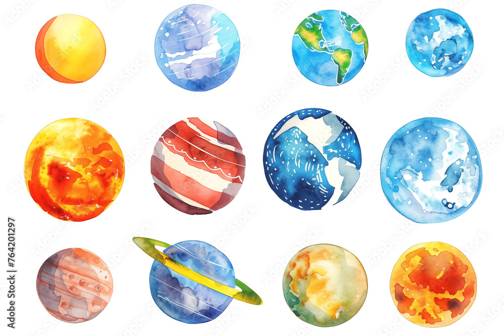 Set of different watercolor painted planet illustration on white background Set of different watercolor painted planet illustration on white background