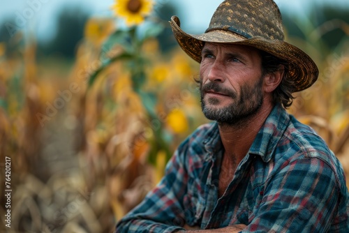 Reflective farmer with a cowboy hat looking into distance in a sunflower field