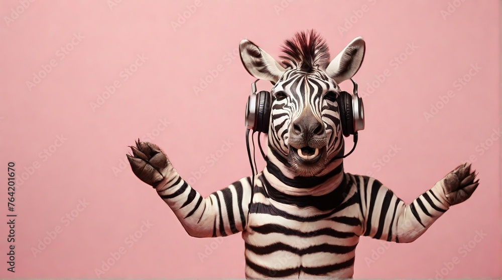 Fototapeta premium Zebra in headphones listens to music and dances on a pink background, portrait of a dancing zebra