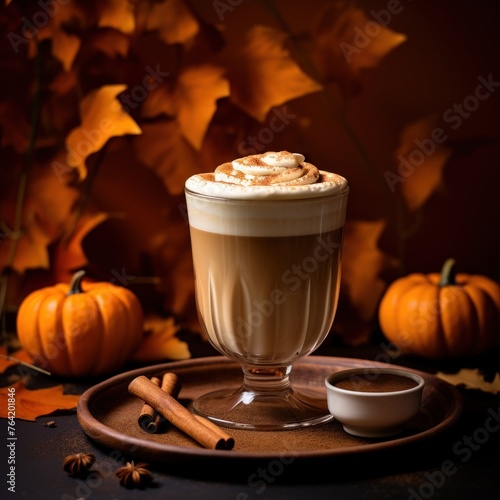 A pumpkin spice latte with cinnamon on a dark autumnal background with orange leaves and pumpkins, conveying a cozy fall atmosphere.