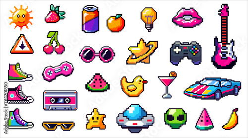 Game icon set, vector mobile app element. Pixel art objects isolated on white background. Game artefact icon in 8 bit style. Pixel graphic symbols group collection. Fruits, star, guitar, car, drink.