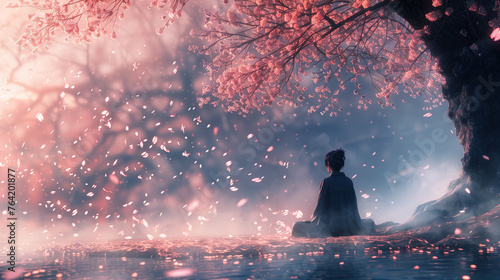  a person sitting alone beneath a cherry blossom tree, eyes closed in quiet meditation. 