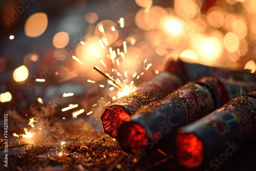 captivating close-up of firecrackers with sparkling lights, ideal for festive decoration and celebration-themed articles or marketing. photo