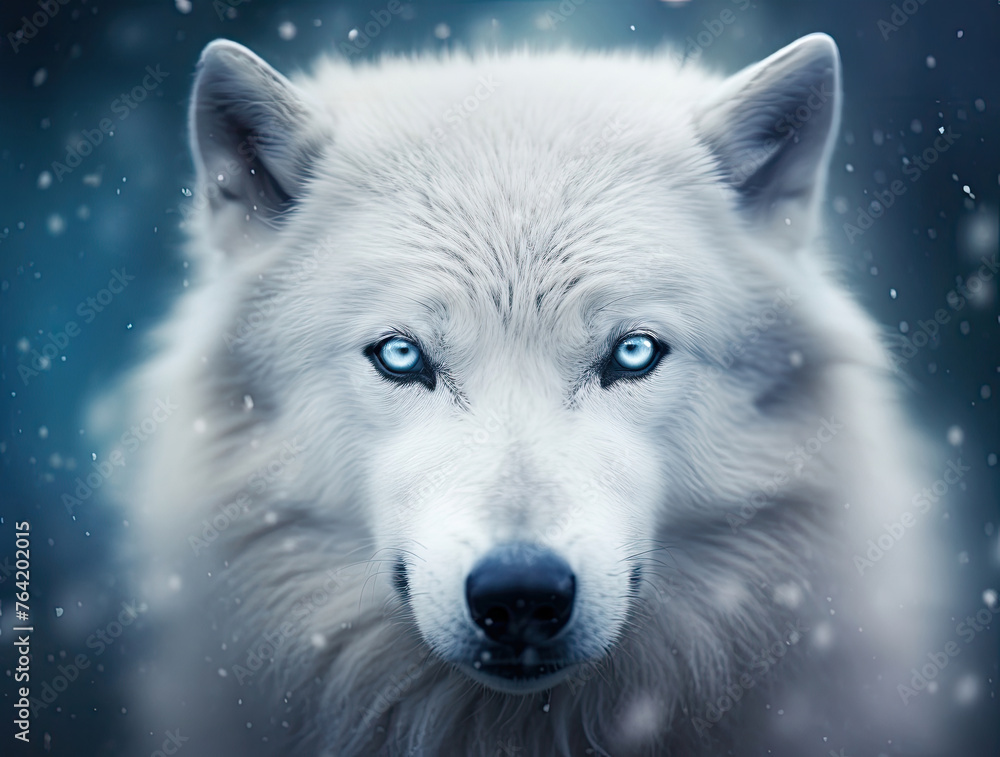 Obraz premium a majestic white wolf with piercing blue eyes in a snowy environment, an image suitable for wildlife conservation campaigns or artistic expressions of nature's beauty.