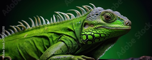 a vivid green iguana with textured skin and spiky dorsal scales, which could be used in wildlife educational materials or as a striking subject in nature photography.