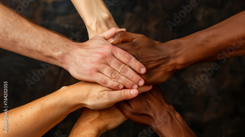 Capture the essence of solidarity with a close-up image of diverse hands clasped together in unity, symbolizing teamwork, collaboration, and strength.