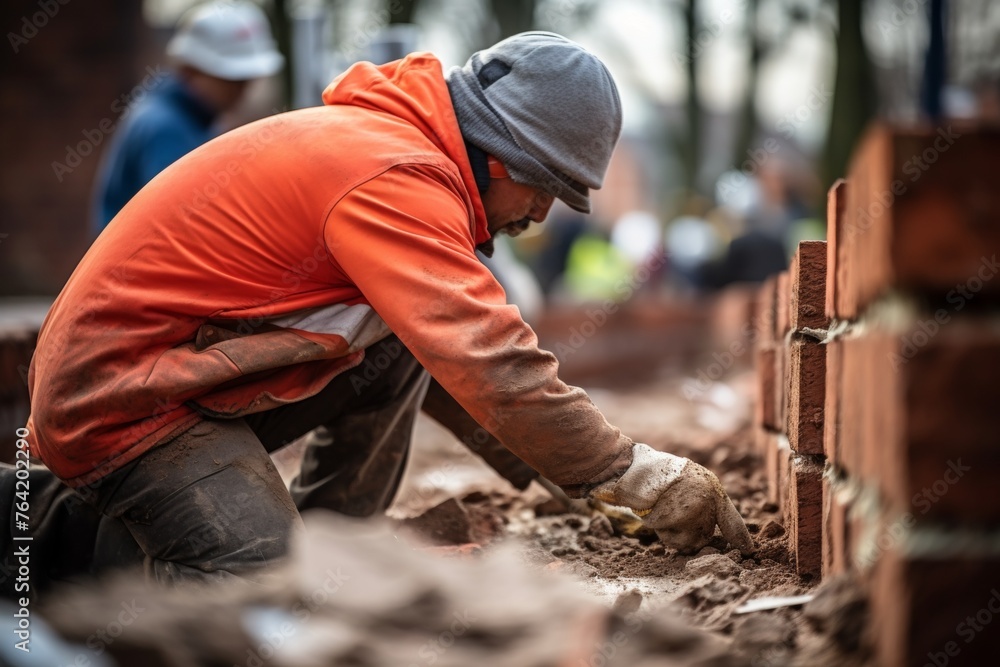 Skilled male builder constructing red brick wall using trowel and holding a brick Skilled male builder constructing red brick wall using trowel and holding a brick