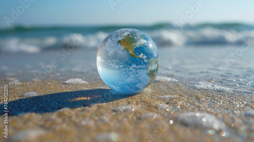 A clear globe is sitting on the sand at the beach. The globe is surrounded by water and the ocean waves. The scene is peaceful and serene, with the globe representing the Earth